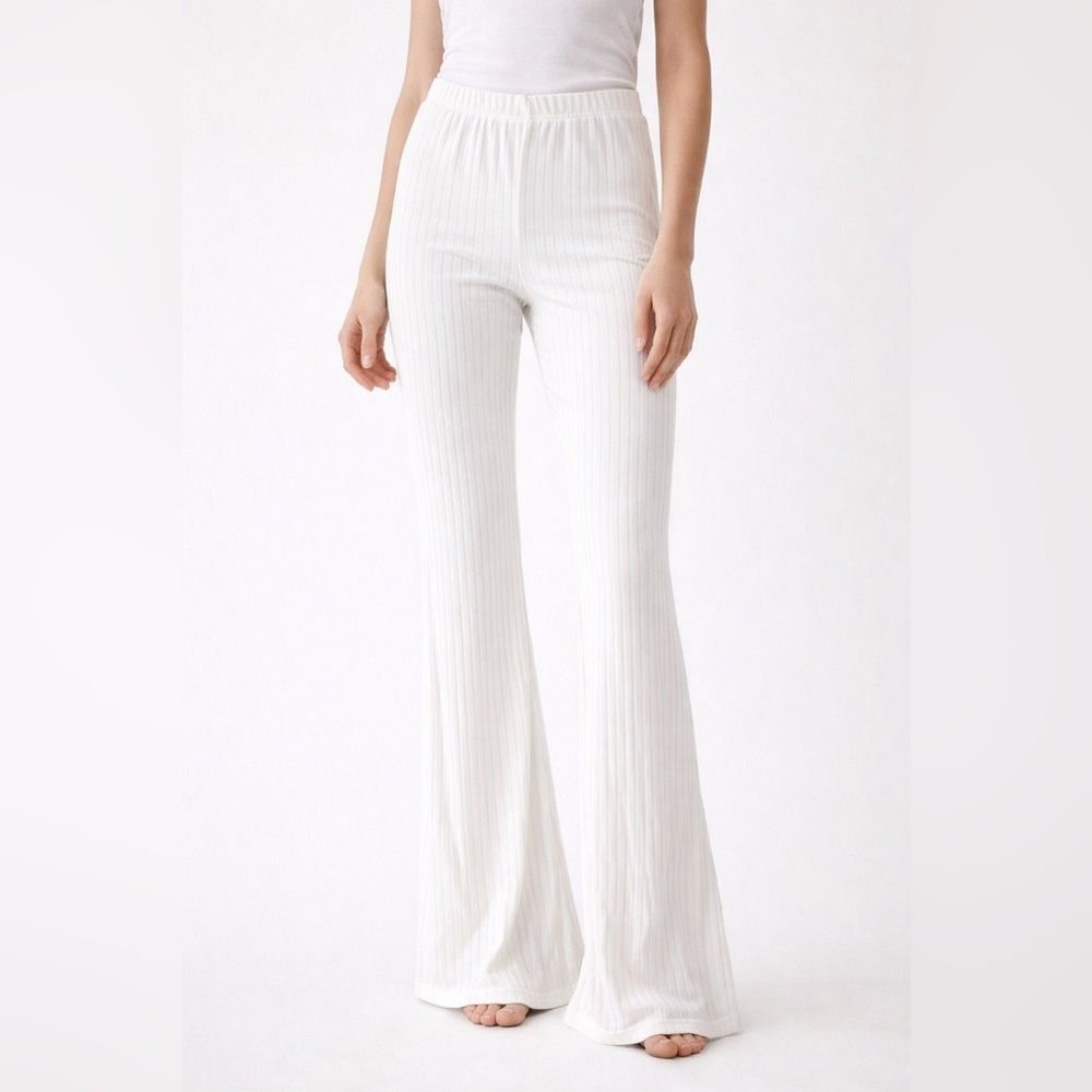 Y2K Rainbow White Ribbed Flare Pants  Made in USA Stretch Pull-On size small